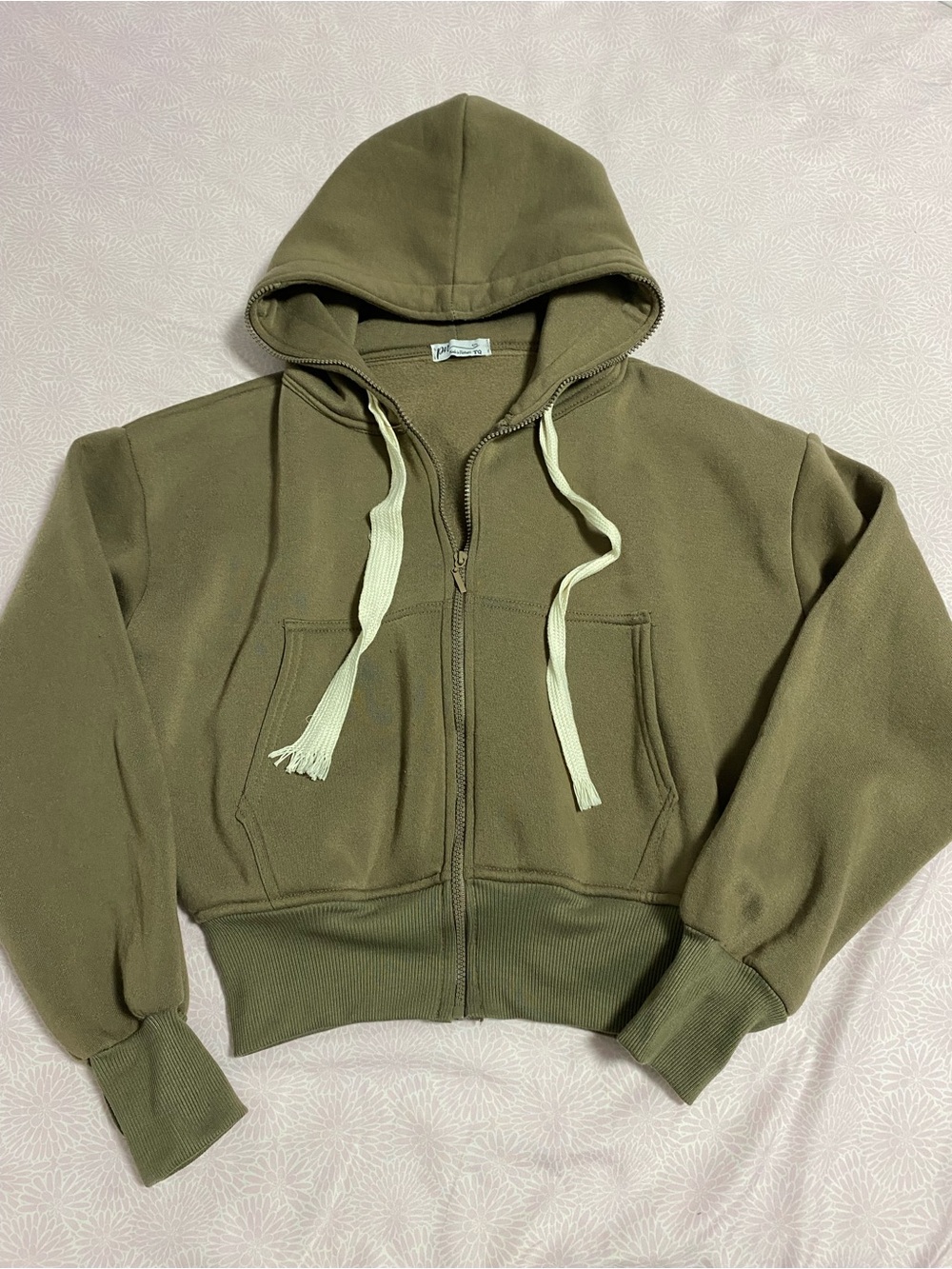 Olive Zip-Up Hoodie with Contrast Drawstrings
